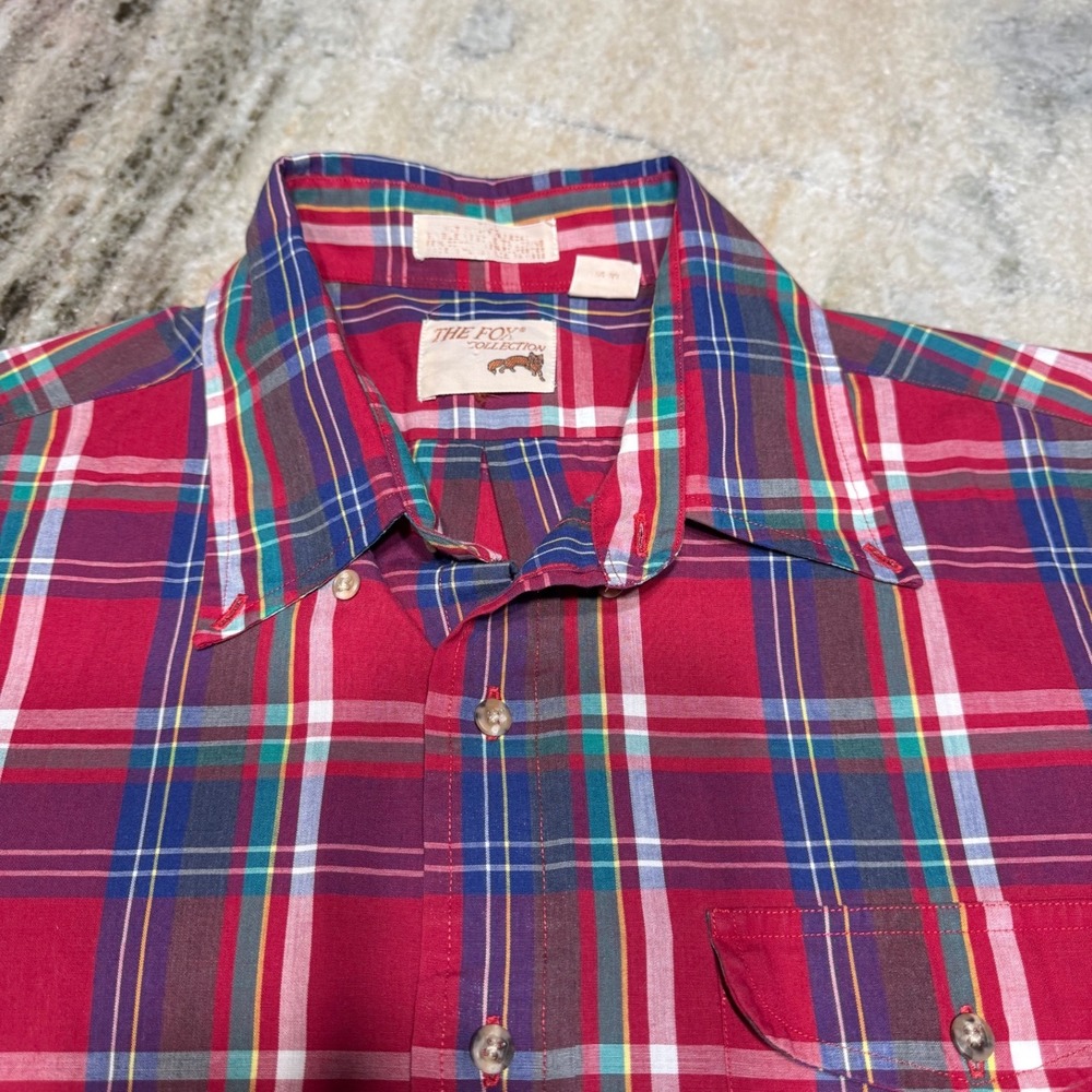 The Fox Collection Plaid Shirt Mens XL Vintage Red Blue Green Button Down 80s